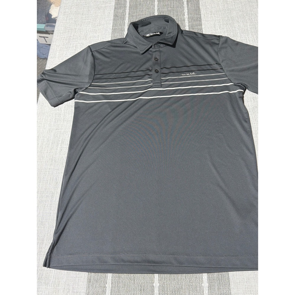 Travis Matthew Mens Medium Grey Striped Short Sleeve Golf Polo Shirt Charcoal